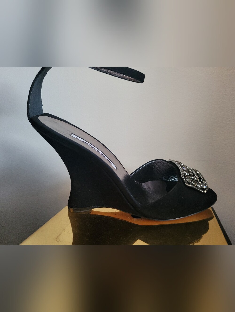 Manolo Blahnik Trice Wedge Black Suede Ankle Strap Shoes Swarovski Buckle